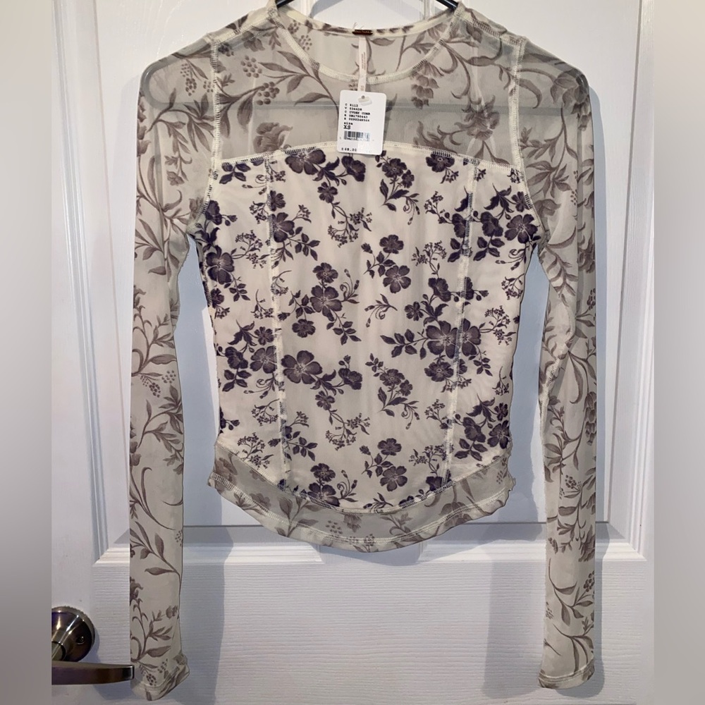 Free People Floral Mesh Top with Purple Accents